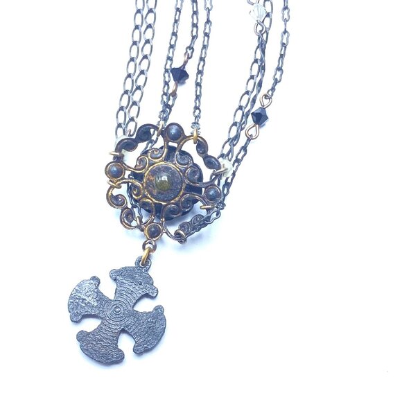 90s Erickson Beamon 4-Strand Crystal Necklace — Rose Pendant w/Cross Detail —EUC - Picture 4 of 7